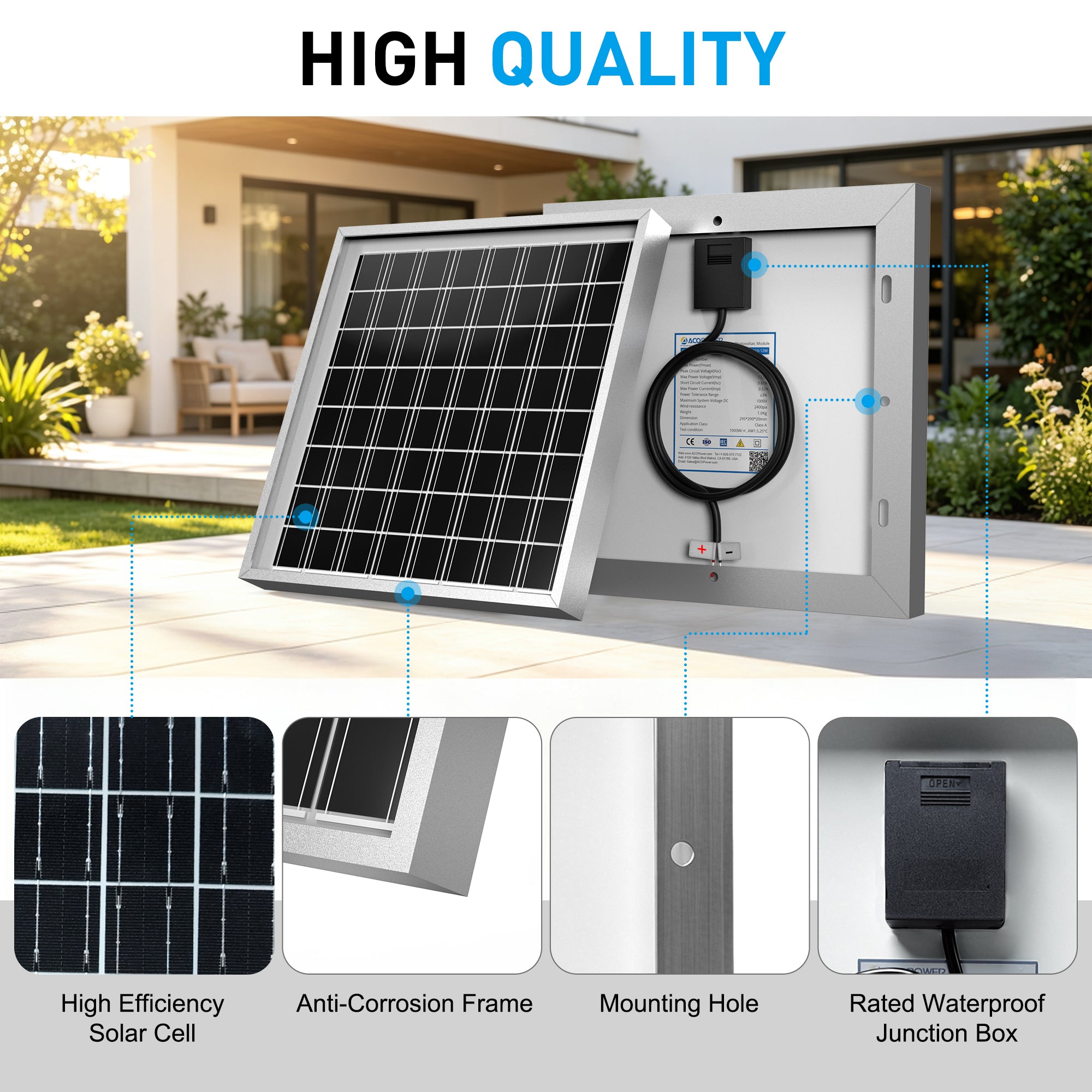 ACOPOWER 10W 24V High Efficiency Monocrystalline Solar Panel